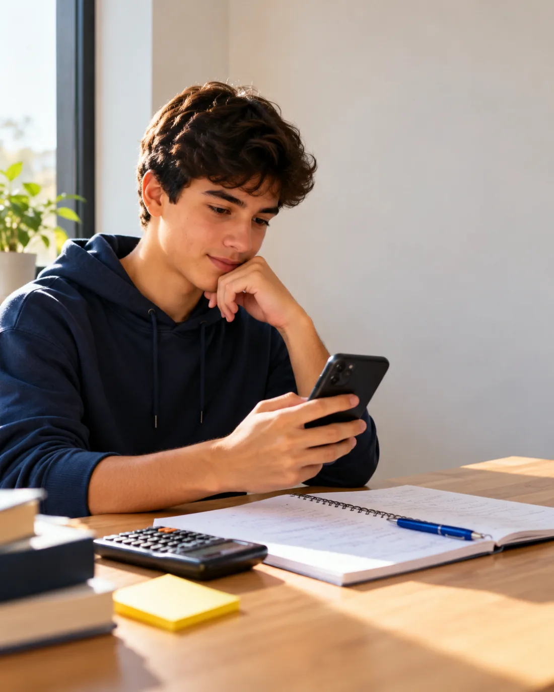 Estudante revisando questões de Matemática no celular, com caderno e calculadora na mesa
